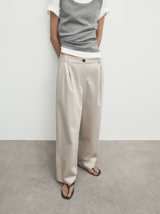 Zara Wide-leg cotton blend satin darted trousers - Beige - Image 2