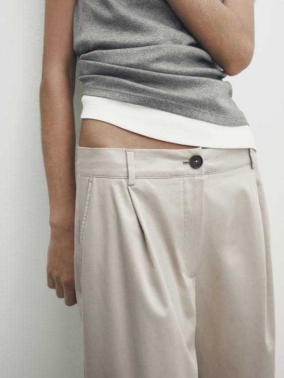 Zara Wide-leg cotton blend satin darted trousers - Beige - Image 3