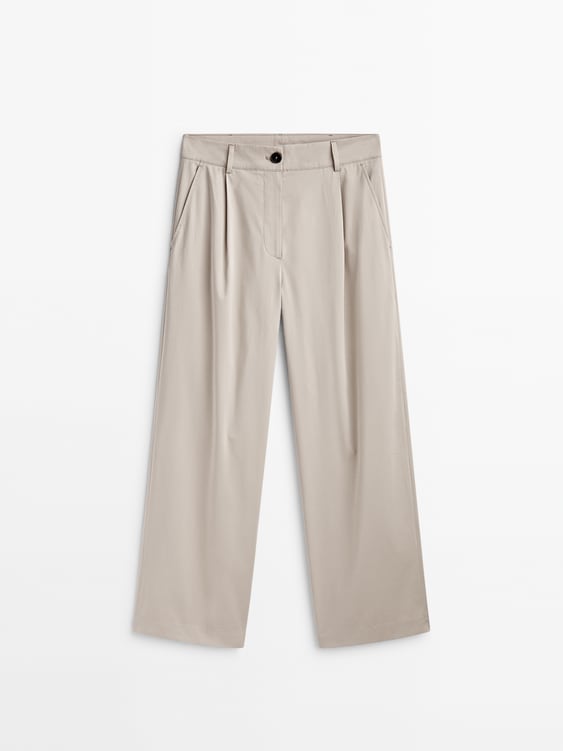 Zara Wide-leg cotton blend satin darted trousers - Beige - Image 4